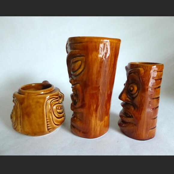 NEW 2000 - 2003 TIKI FARM SQUID DESIGNED JAVA WARRIOR BROWN CERAMIC TIKI MUG SET - Picture 3 of 12